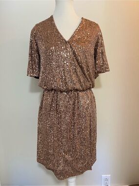 ESQUALO Rose Gold Sequin Wrap-Style Mini Dress